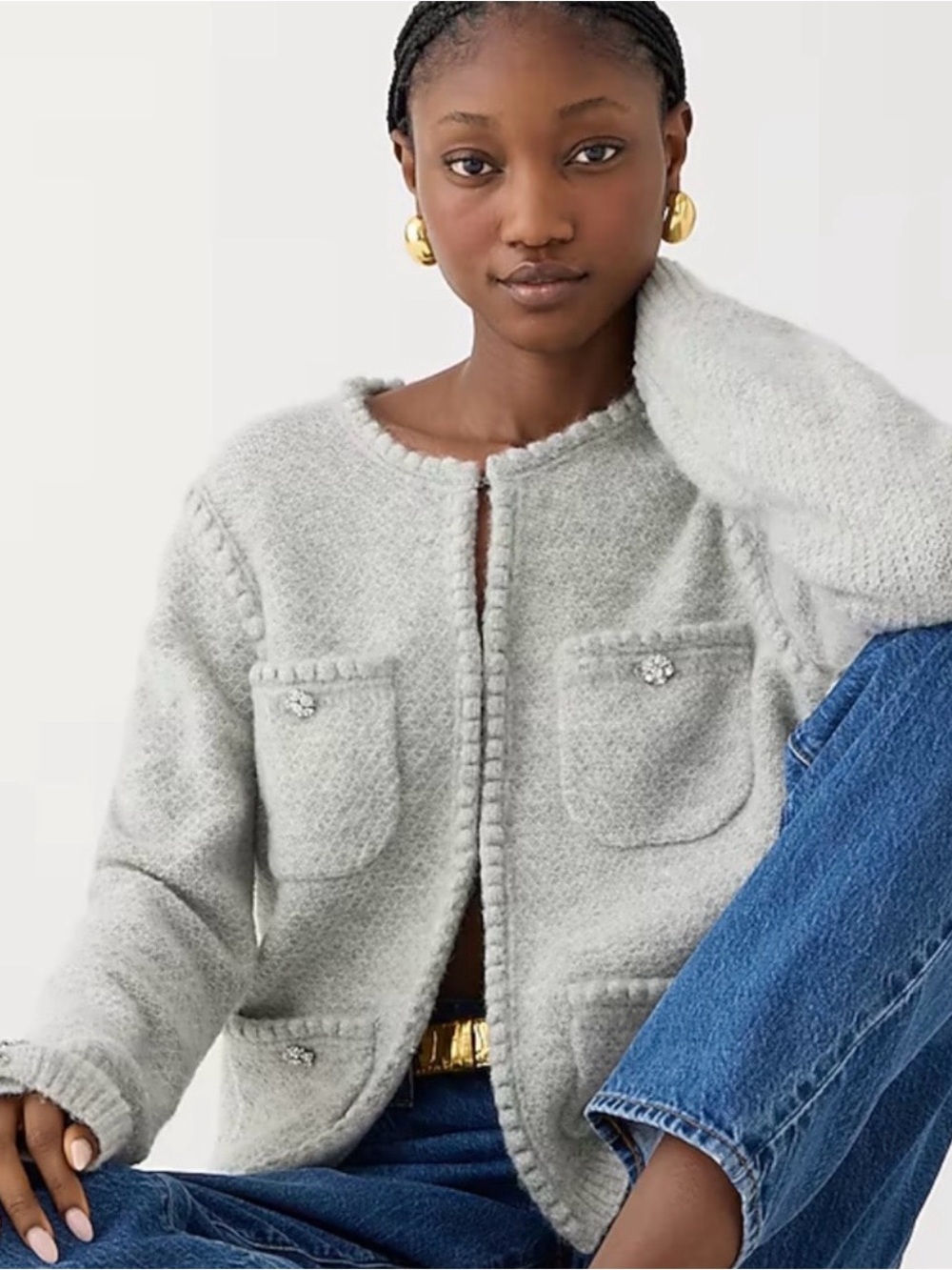 J.Crew Odette Sweater Lady Jacket with Jewel Buttons Heather Gray Size Large NWT